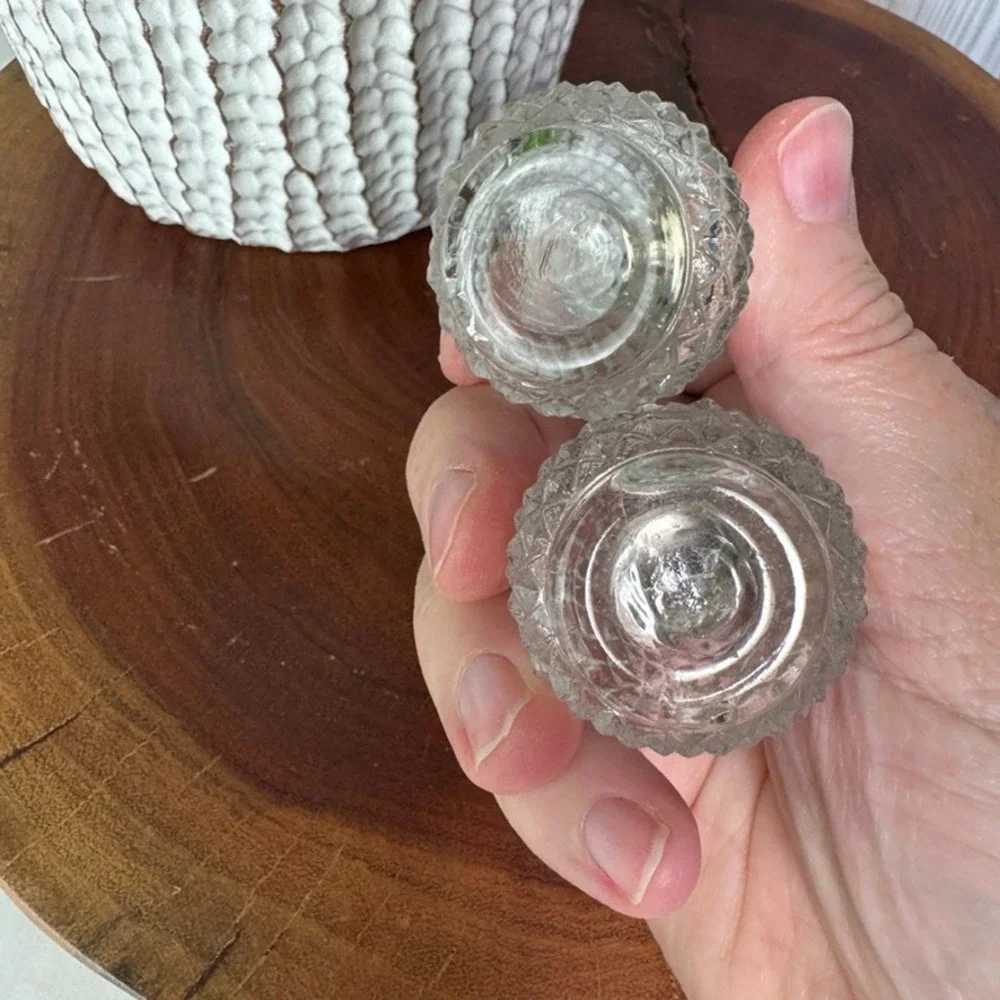 Vintage Miniature Diamond Point Glass Salt and Pepper Shakers Set Silver Lids